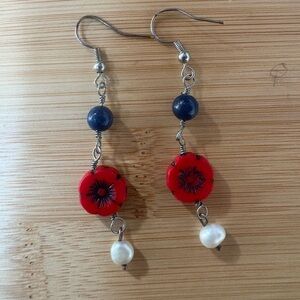 Elegant Red flower and Blue Lapis Earrings with Pearls